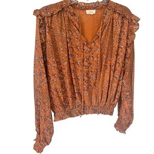 Elan Rust Floral Ruffle-Trim Long Sleeve Blouse size Large